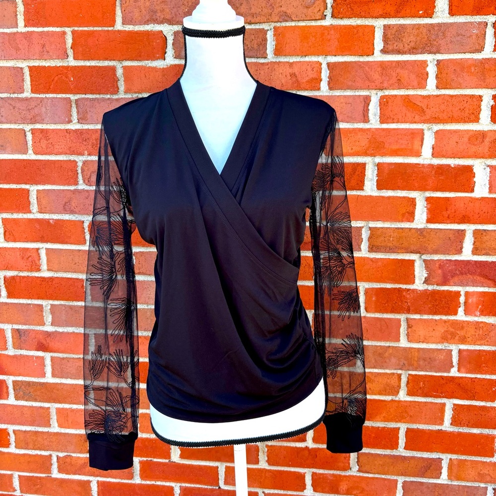 Greige Sheer Embroidered Long Sleeve Wrap Style Black Top Womens Small